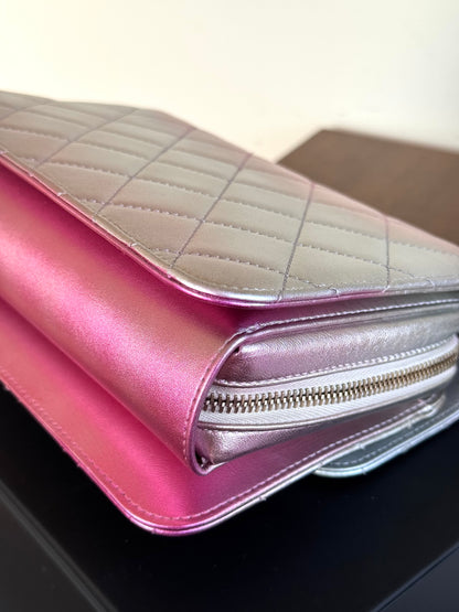 Pre-owned Chanel Like A Wallet Metallic Silver Pink Lambskin Flap Bag
