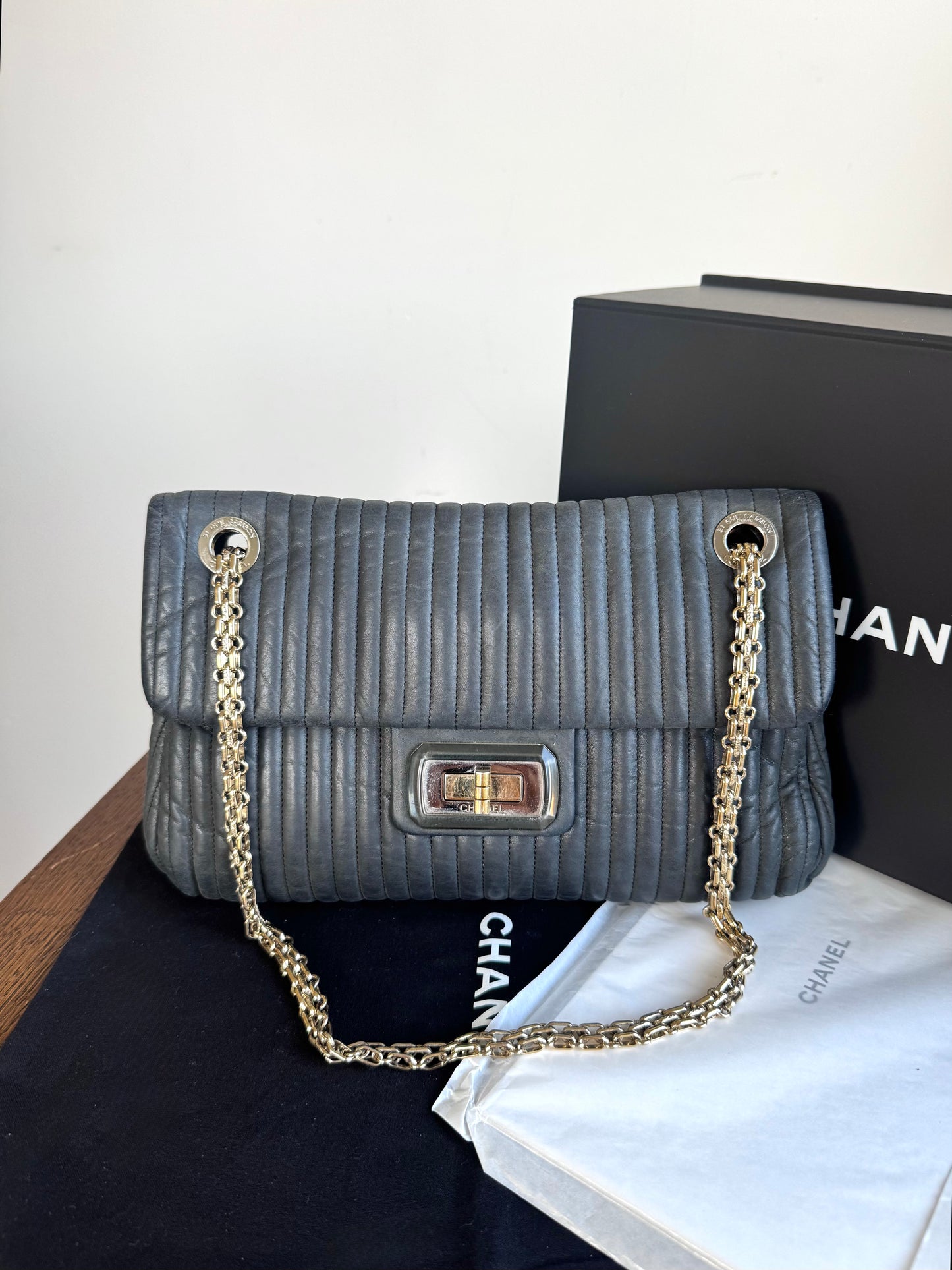 Pre-owned Chanel 2.55 Vertical Dark Grey Iridescent Leather Flap Bag