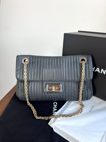 Pre-owned Chanel 2.55 Vertical Dark Grey Iridescent Leather Flap Bag