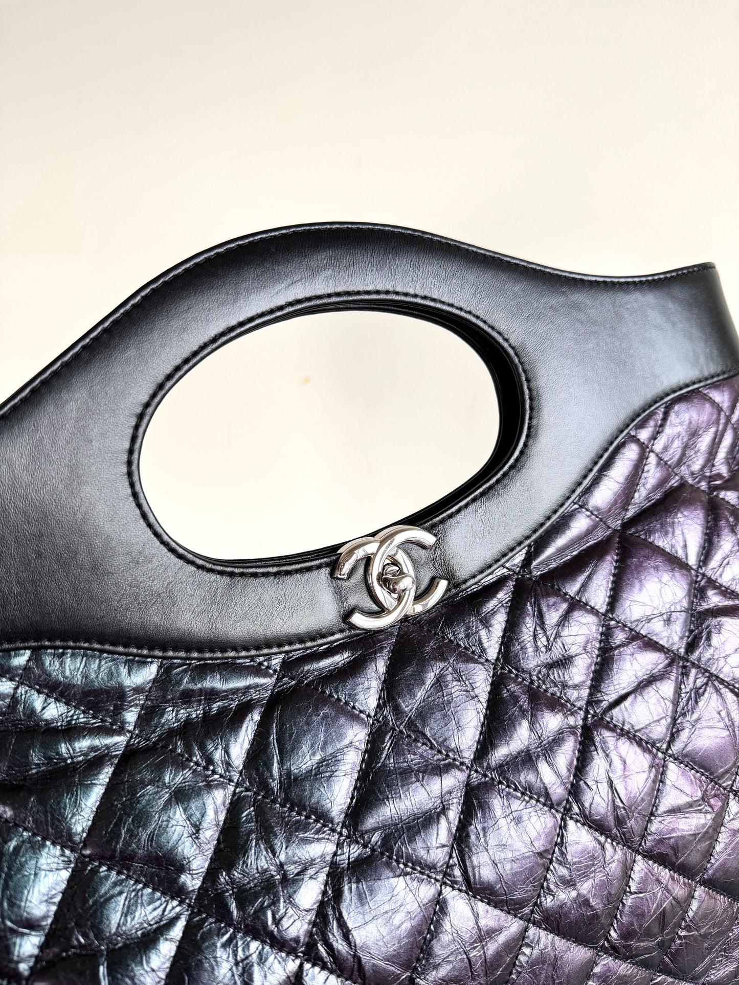 Pre-owned Chanel 31bag Large Black Purple Waxed Leather Tote Bag