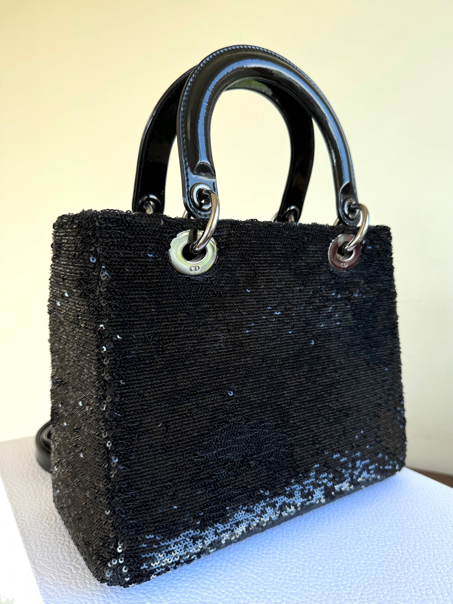 Pre-owned Dior Lady Dior Medium Black Sequin Patent Leather Bag