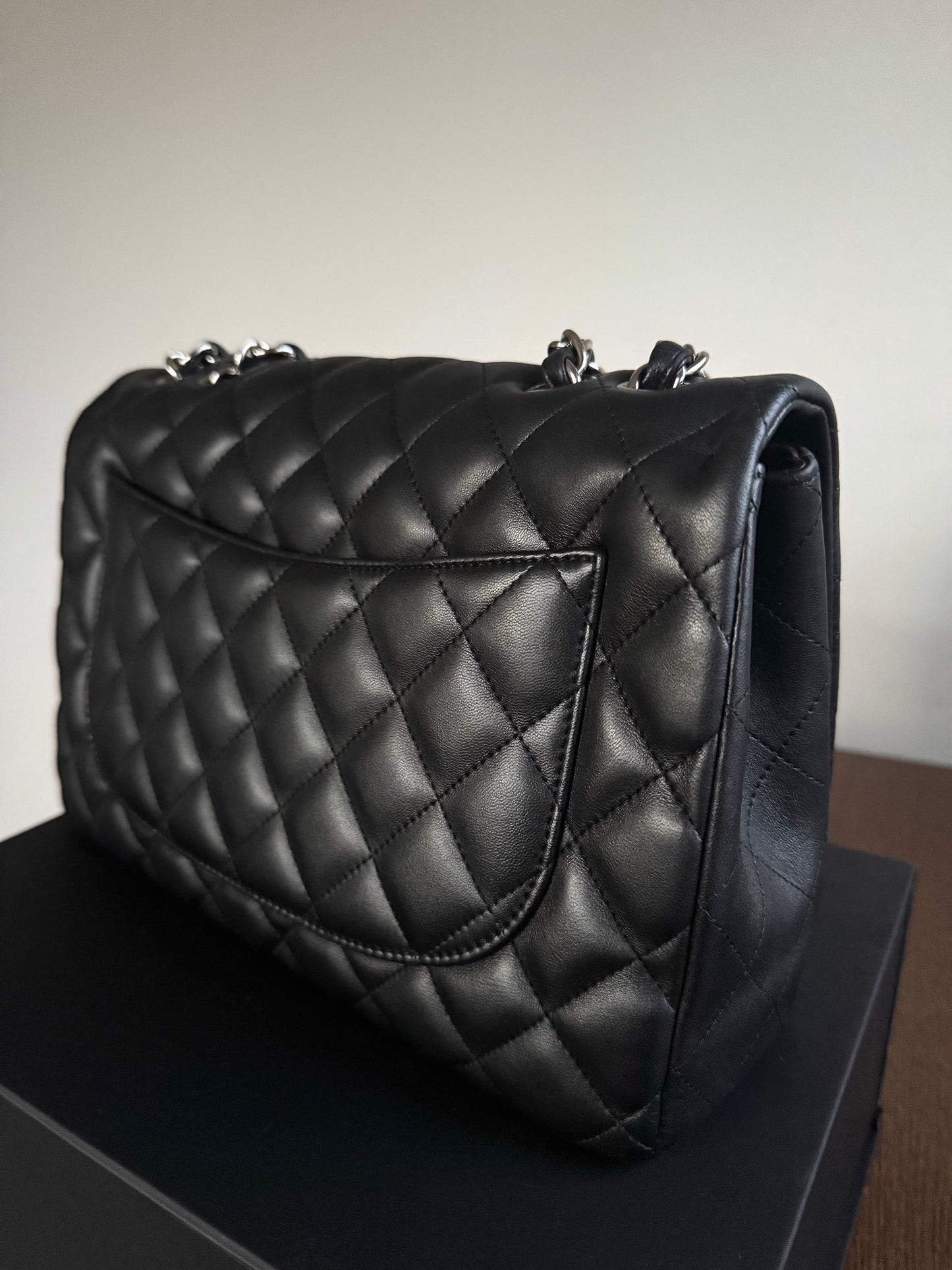 Pre-owned Chanel Timeless Classic Jumbo Black Lambskin Single Flap Bag