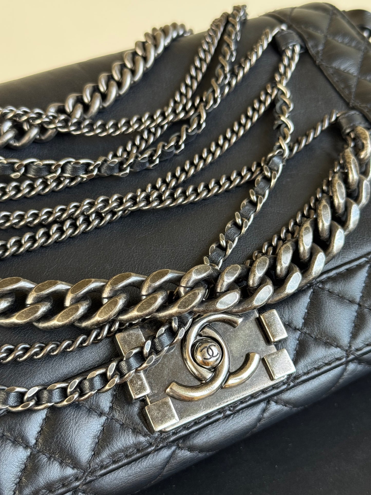 Pre-owned Chanel Boy Large Black Leather Multi-chain Flap Bag Limited Edition