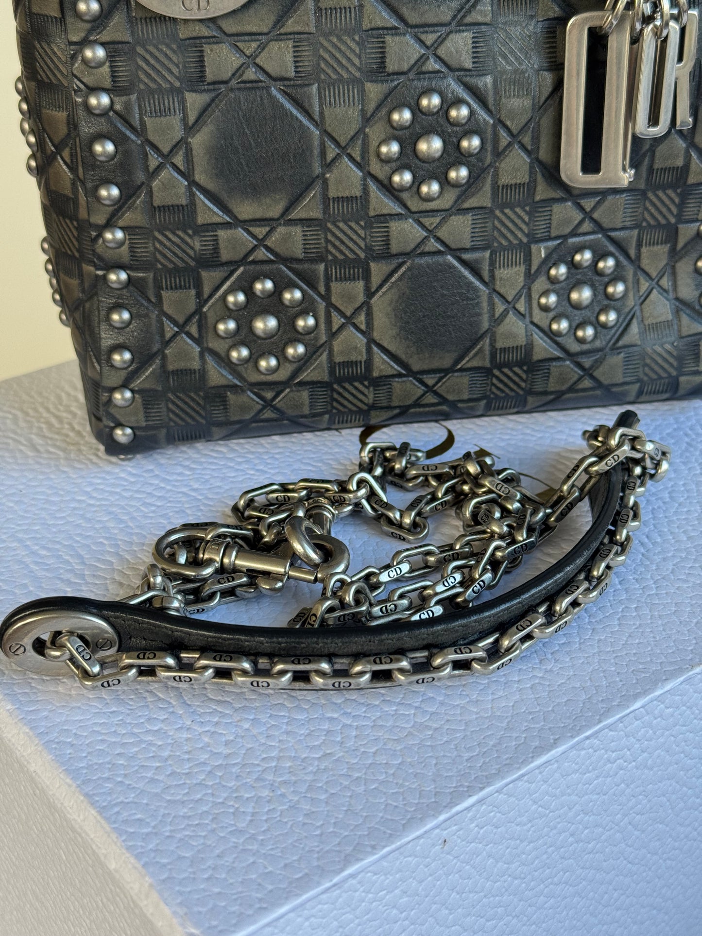 Pre-owned Dior Lady Dior Mini Studded Blacked Aged Calfskin Bag Limited Edition