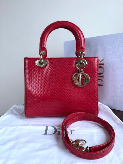 Pre-owned Dior Lady Dior Medium Red Python Bag