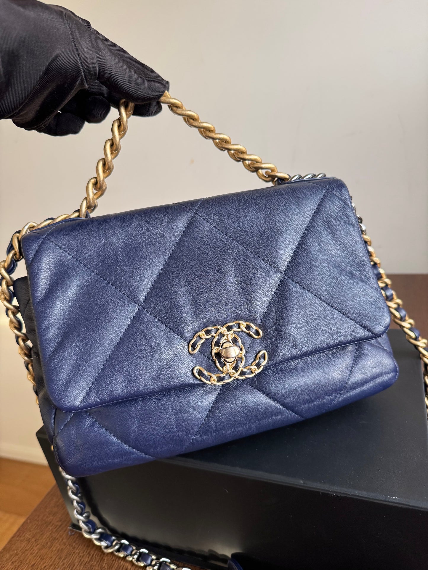 Pre-owned Chanel 19 Small Navy Lambskin Flap Bag