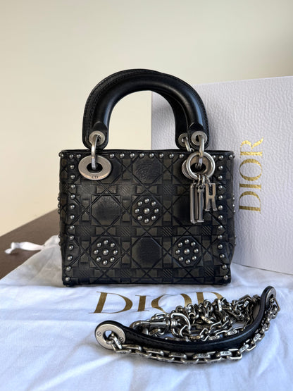 Pre-owned Dior Lady Dior Mini Studded Blacked Aged Calfskin Bag Limited Edition