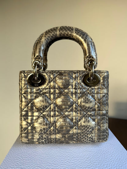 Pre-owned Dior Lady Dior Mini Metallic Grey Beige Python Bag