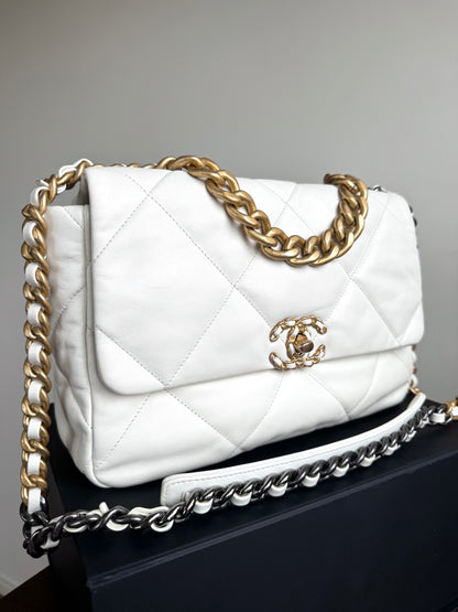 Pre-owned Chanel 19 Large White Lambskin Flap Bag