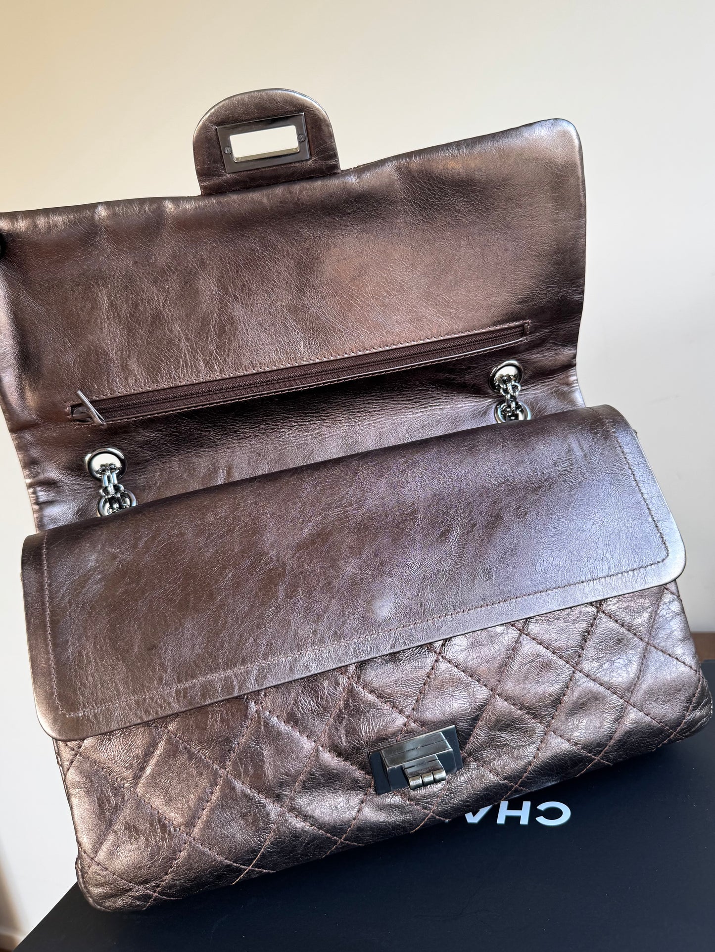 Pre-owned Chanel 2.55 Reissue Maxi 227 Bronze Metallic Calfskin Flap Bag