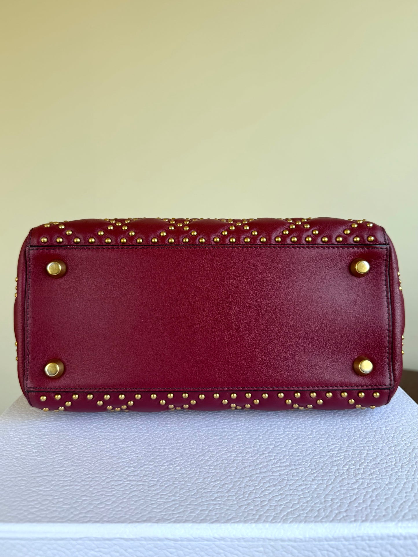 Pre-owned Dior Lady Dior Medium Studded Burgundy Calfskin Bag