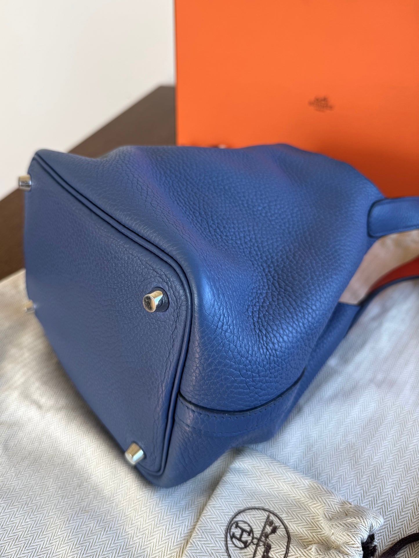 Pre-owned Hermès Picotin 18 Blue Brighton Capucine Clemence Bucket Bag