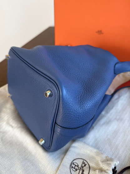 Pre-owned Hermès Picotin 18 Blue Brighton Capucine Clemence Bucket Bag