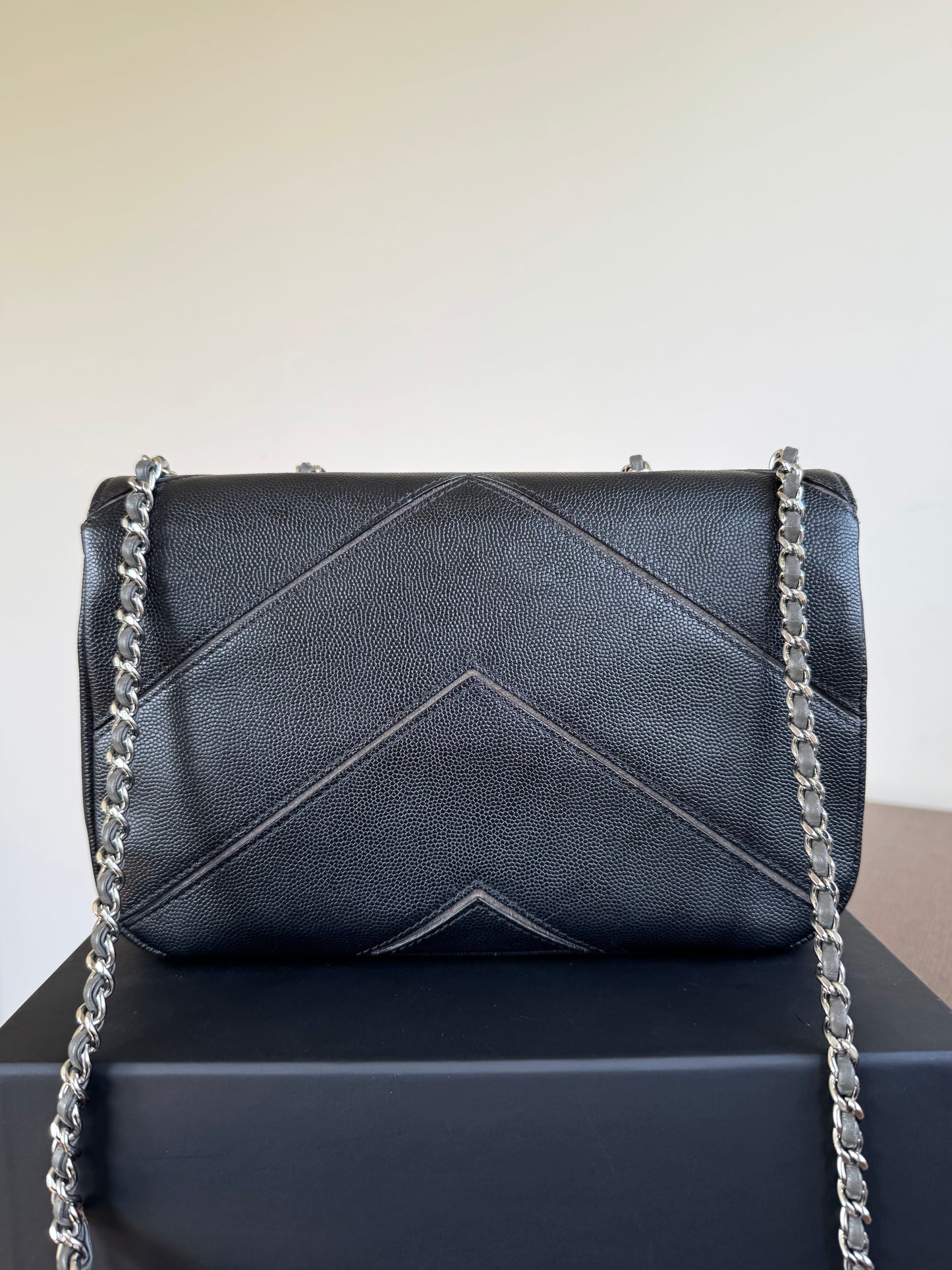 Pre-owned Chanel Marco Chevron Caviar Black Flap Bag