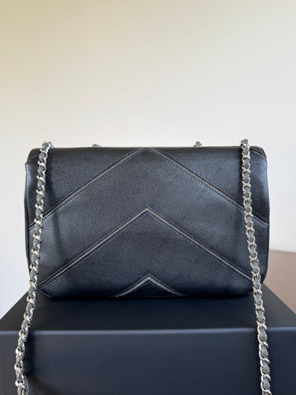 Pre-owned Chanel Marco Chevron Caviar Black Flap Bag