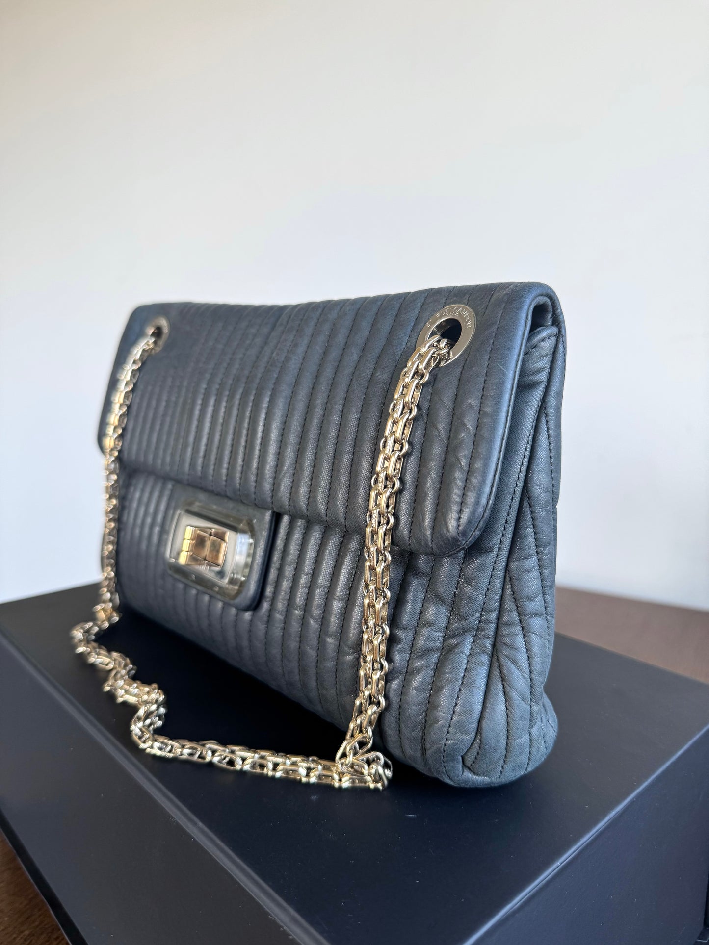 Pre-owned Chanel 2.55 Vertical Dark Grey Iridescent Leather Flap Bag