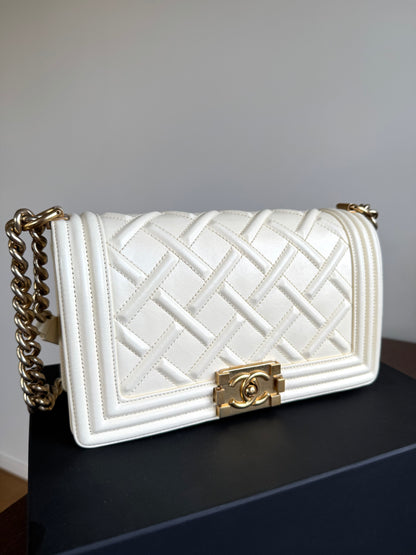 Pre-owned Chanel Boy Medium Embossed Cream Leather Bag