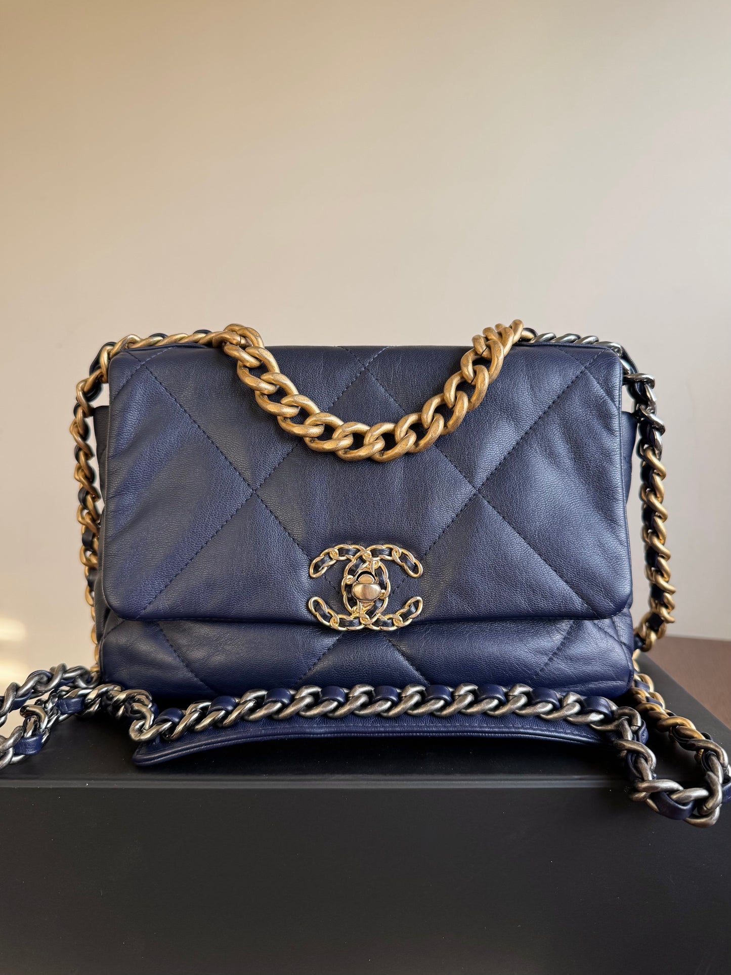 Pre-owned Chanel 19 Small Navy Lambskin Flap Bag