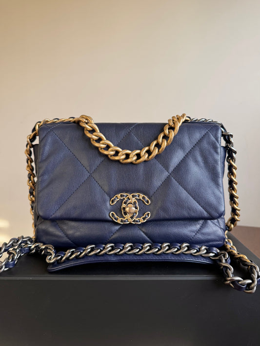 Pre-owned Chanel 19 Small Navy Lambskin Flap Bag