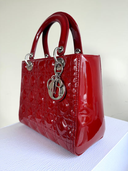 Pre-owned Dior Lady Dior Medium Burgundy Patent Leather Bag