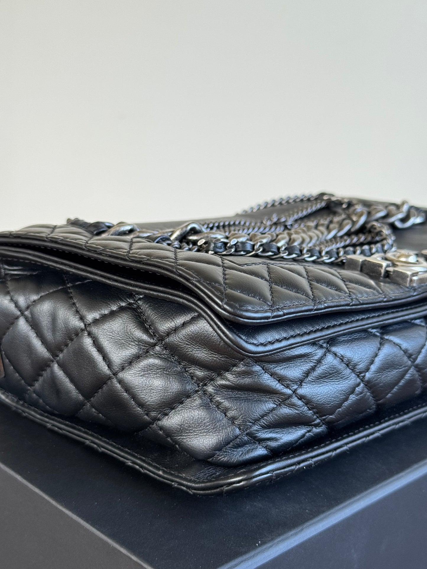 Pre-owned Chanel Boy Large Black Leather Multi-chain Flap Bag Limited Edition