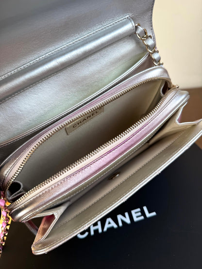 Pre-owned Chanel Like A Wallet Metallic Silver Pink Lambskin Flap Bag