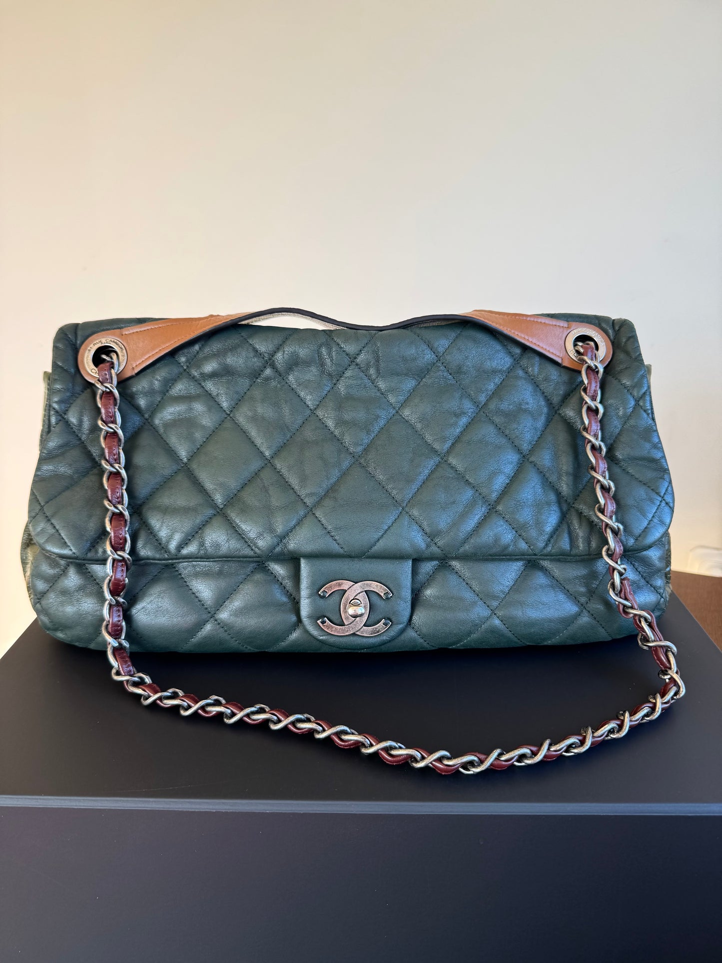 Pre-owned Chanel In The Mix Jumbo Dark Green Iridescent Leather Flap Bag