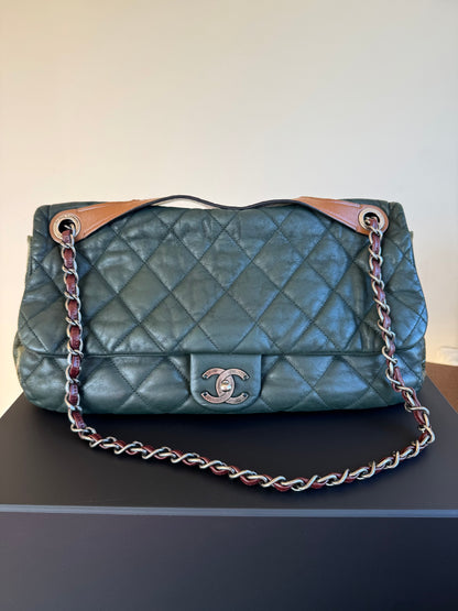 Pre-owned Chanel In The Mix Jumbo Dark Green Iridescent Leather Flap Bag