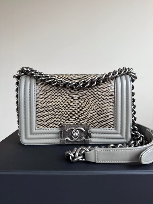 Pre-owned Chanel Boy Small Grey Lizard Leather Flap Bag