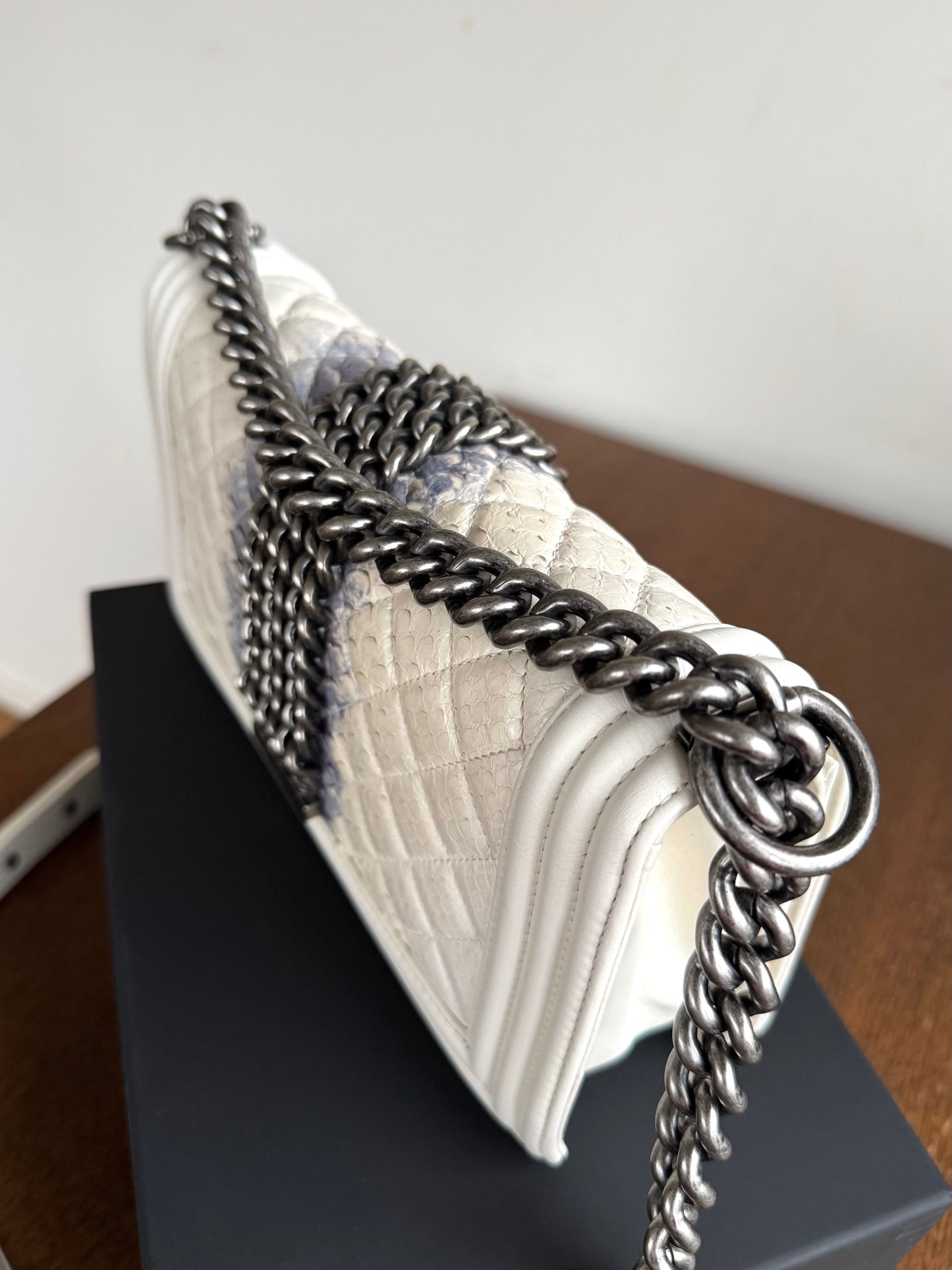 Pre-owned Chanel Boy Medium Off White Python Chain Around Flap Bag