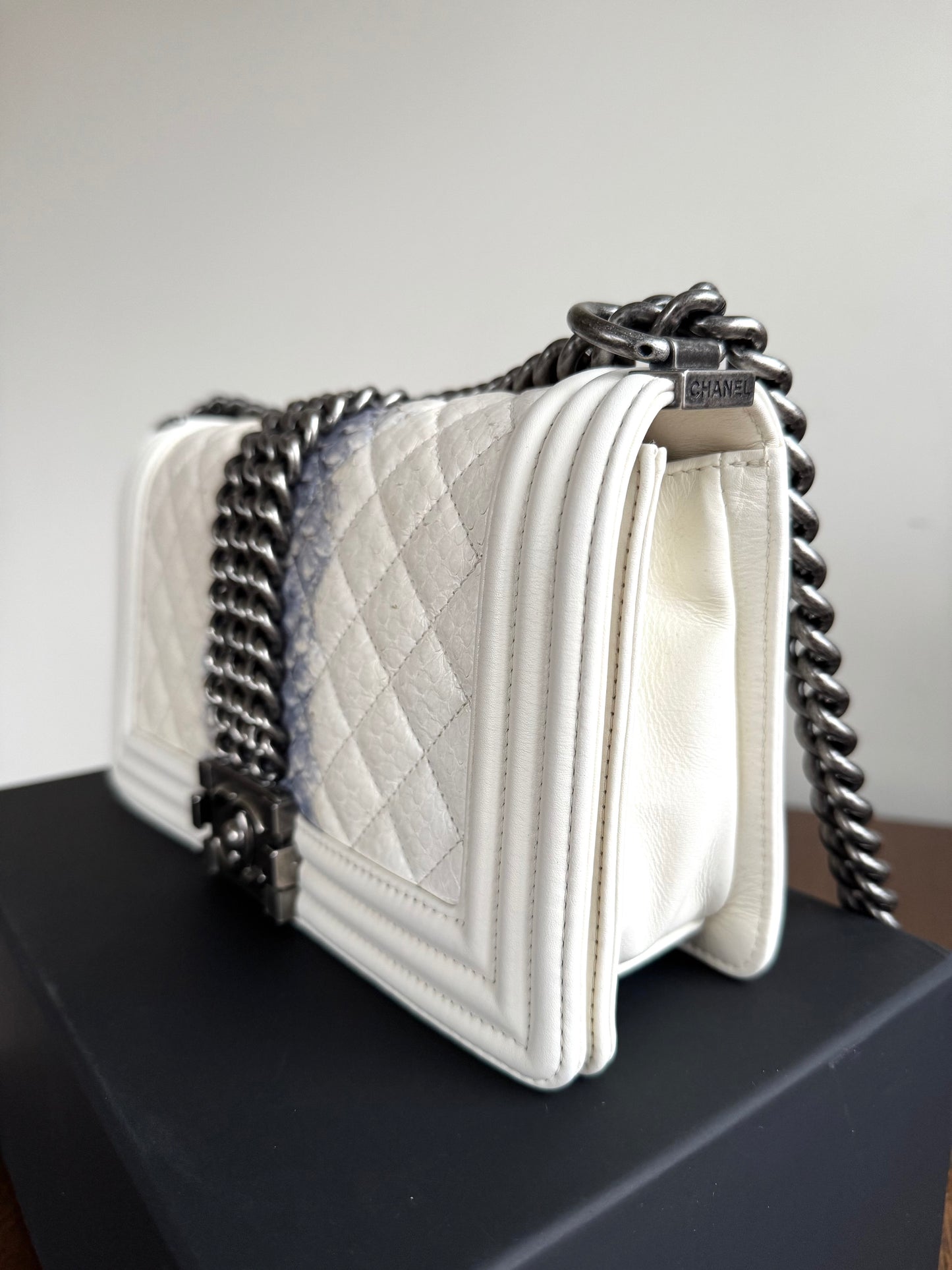 Pre-owned Chanel Boy Medium Off White Python Chain Around Flap Bag