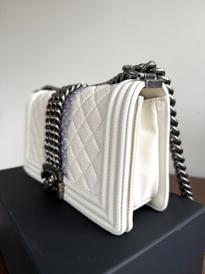 Pre-owned Chanel Boy Medium Off White Python Chain Around Flap Bag