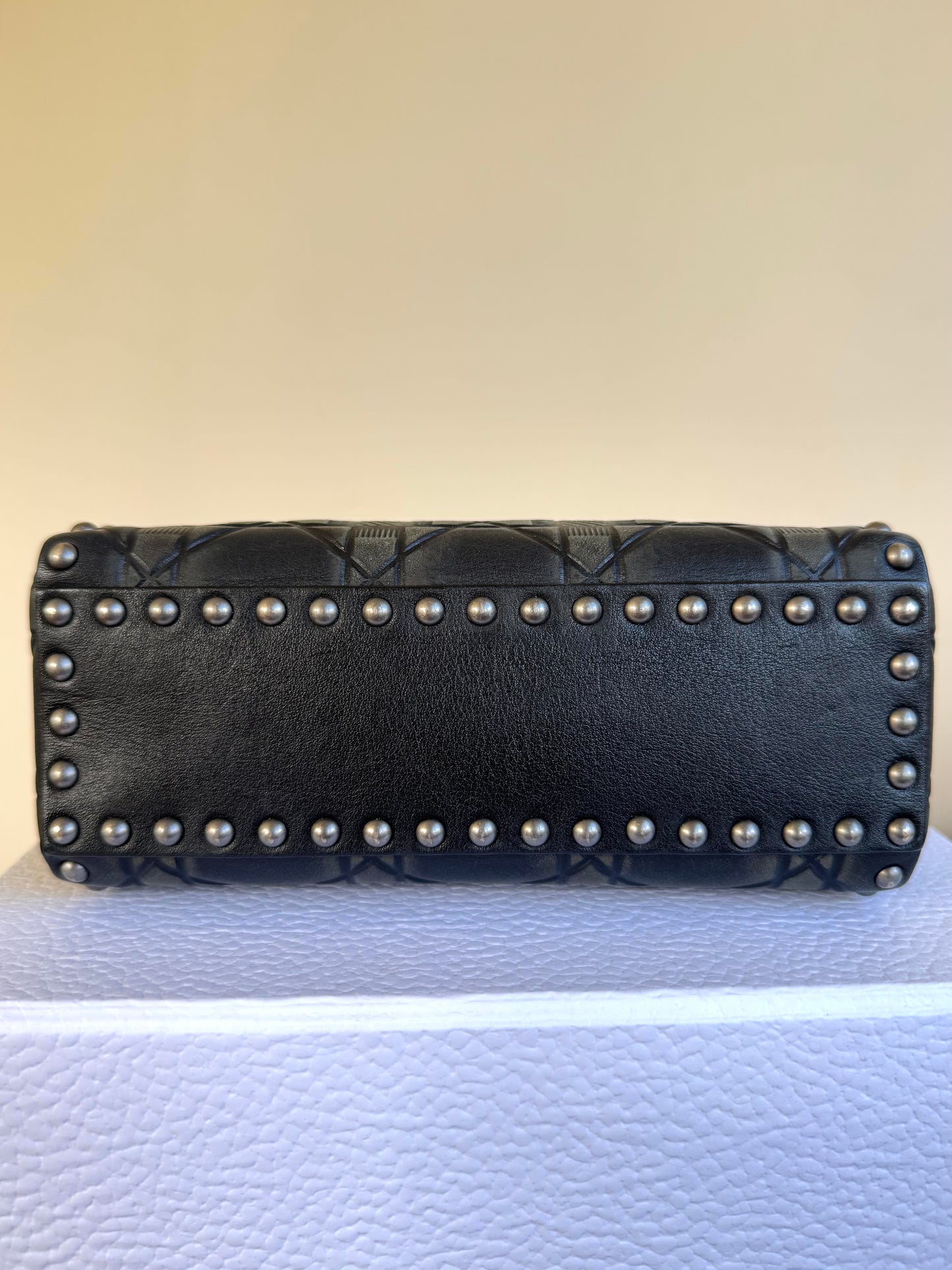 Pre-owned Dior Lady Dior Mini Studded Blacked Aged Calfskin Bag Limited Edition