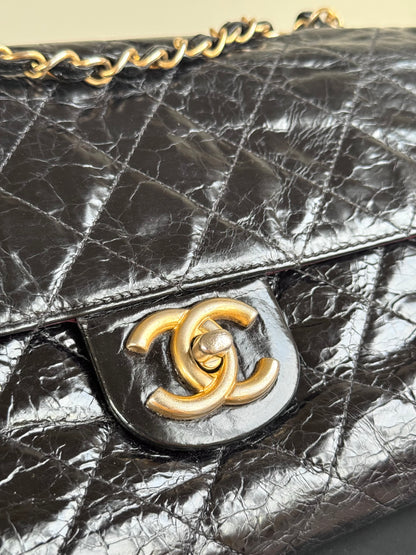 Pre-owned Chanel CC Black Waxed Leather Flap Bag