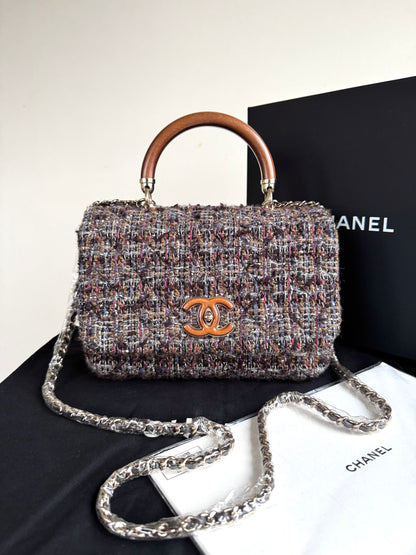 Pre-owned Chanel Knock On Wood Brown Tweed Top Handle Flap Bag