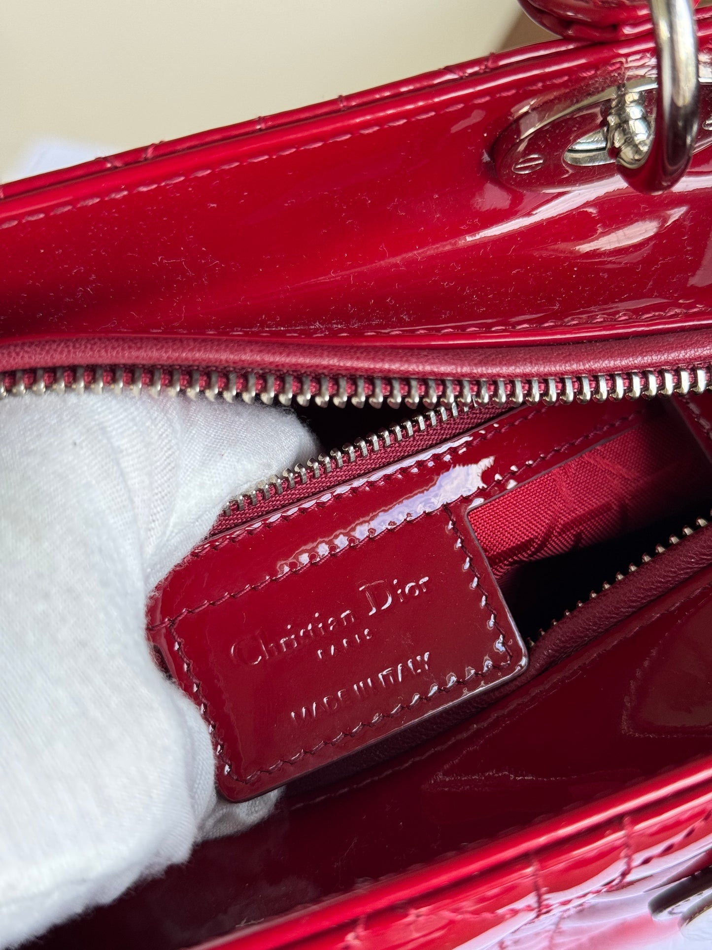Pre-owned Dior Lady Dior Medium Burgundy Patent Leather Bag