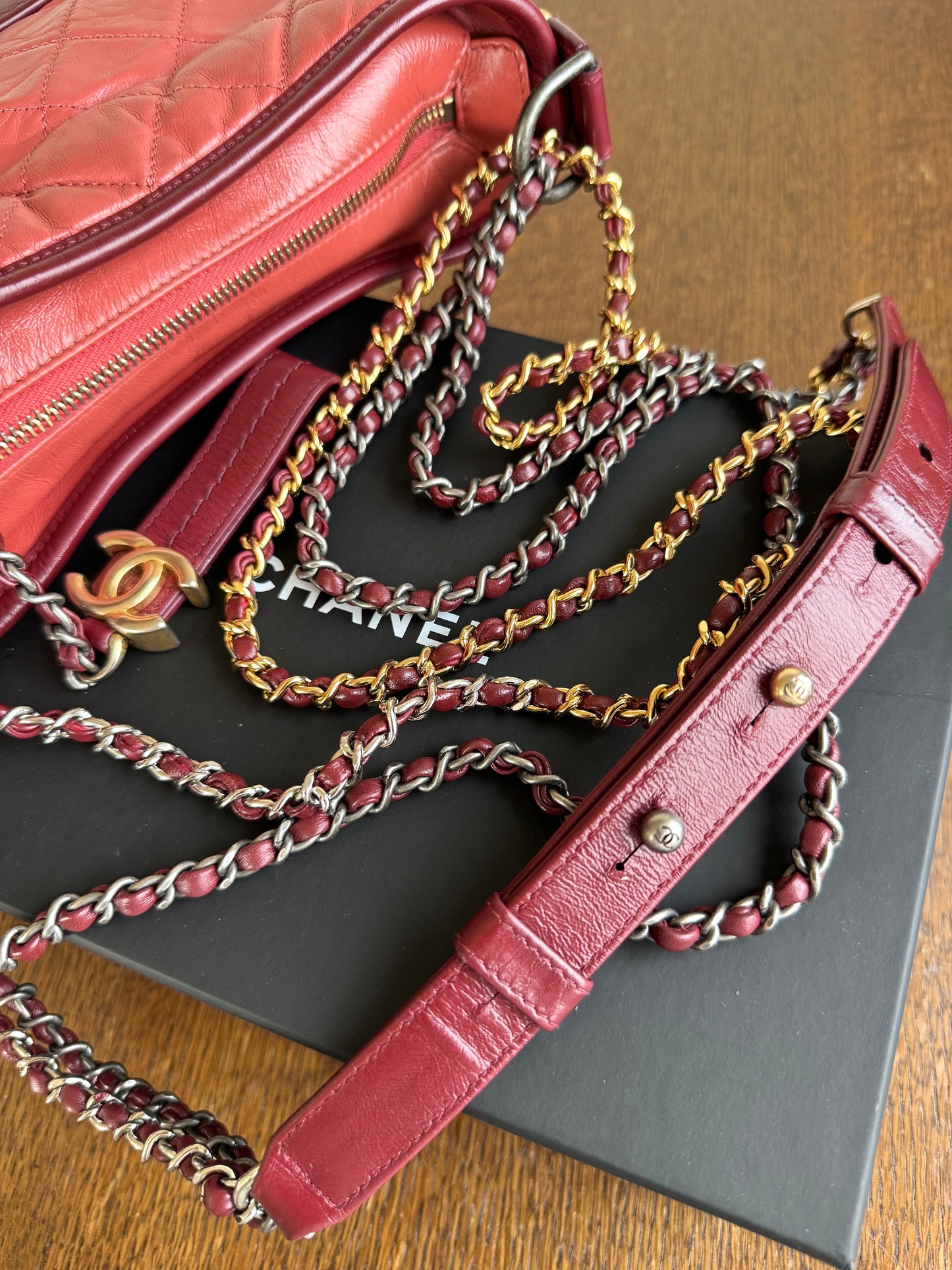 Pre-owned Chanel Gabrielle Small Brick Red Burgundy Leather Hobo Bag