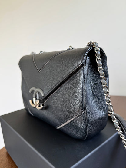 Pre-owned Chanel Marco Chevron Caviar Black Flap Bag