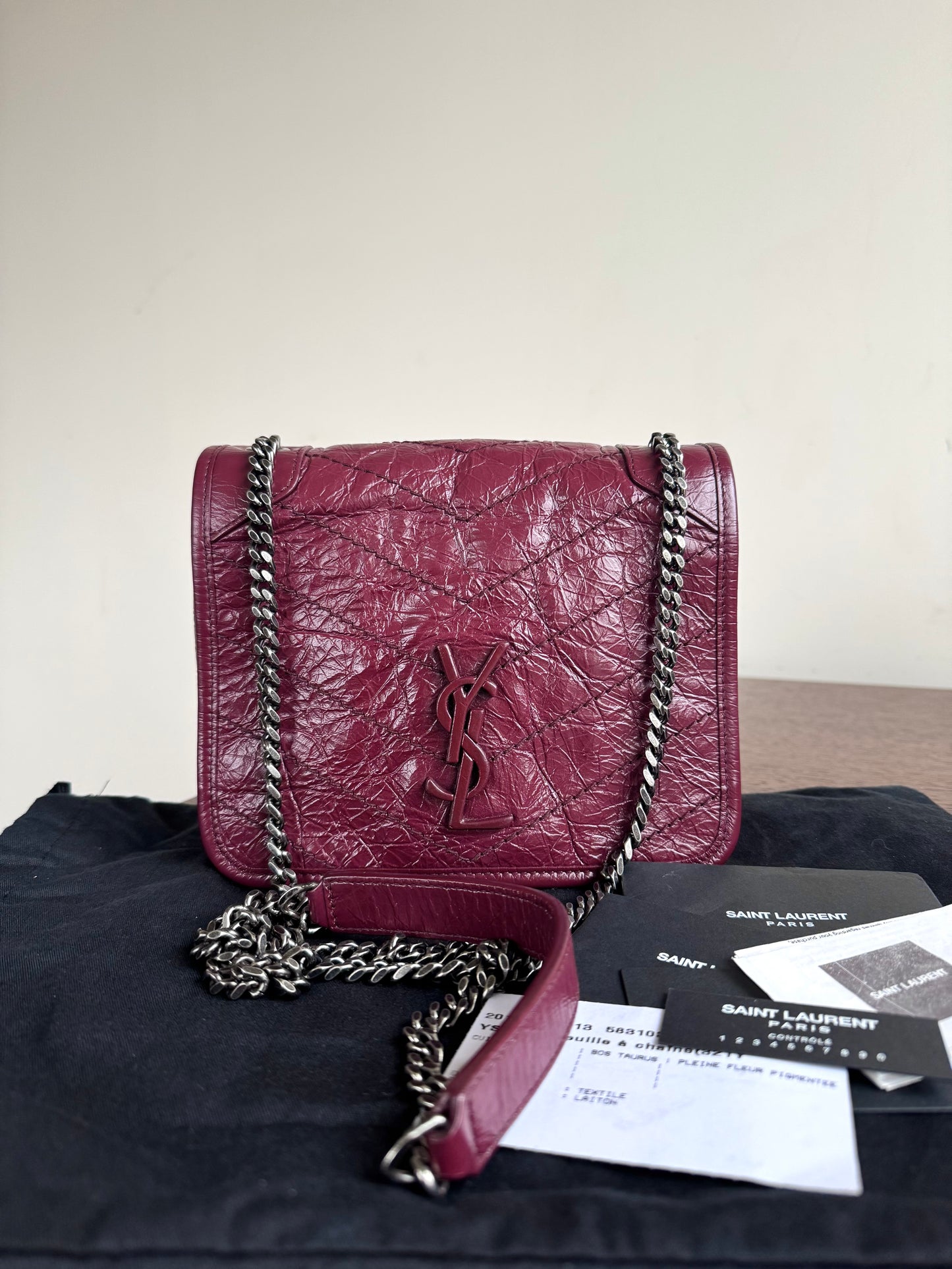 Pre-owned Saint Laurent Niki Mini Burgundy Leather Flap Bag