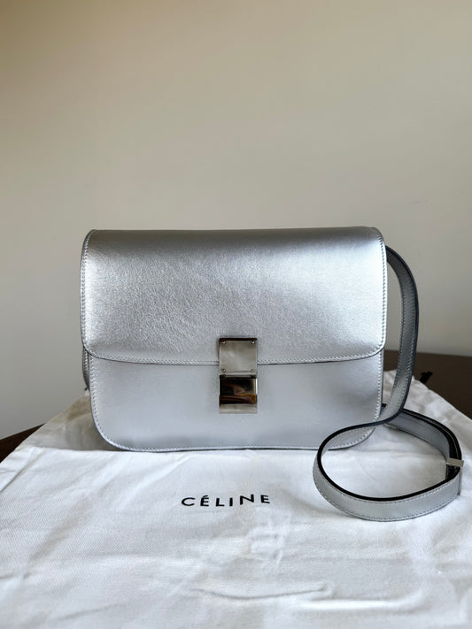Pre-owned Céline Classic Box Medium Silver Leather Bag