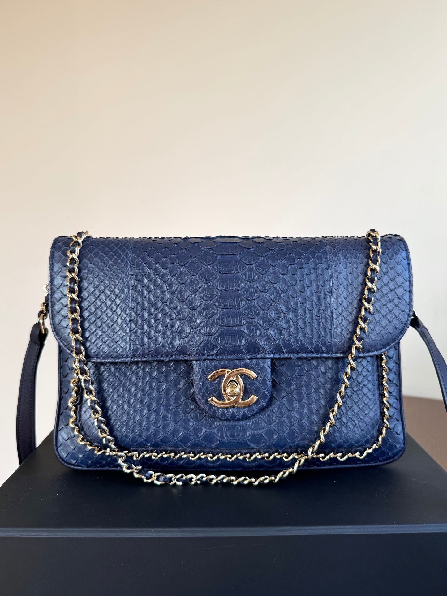 Pre-owned Chanel CC Chain Python Navy Flap Bag