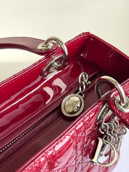 Pre-owned Dior Lady Dior Medium Burgundy Patent Leather Bag