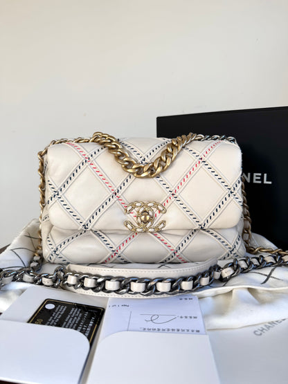 Pre-owned Chanel 19 Small Stitch Beige Lambskin Flap Bag Limited Edition