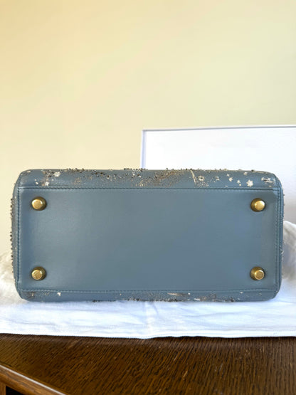 Pre-owned Dior Lady Dior Medium Grey Blue Embroidered Leather Bag