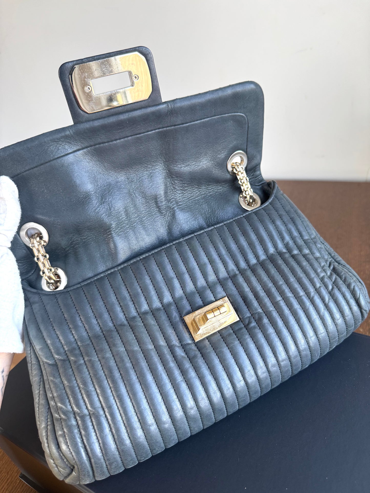 Pre-owned Chanel 2.55 Vertical Dark Grey Iridescent Leather Flap Bag