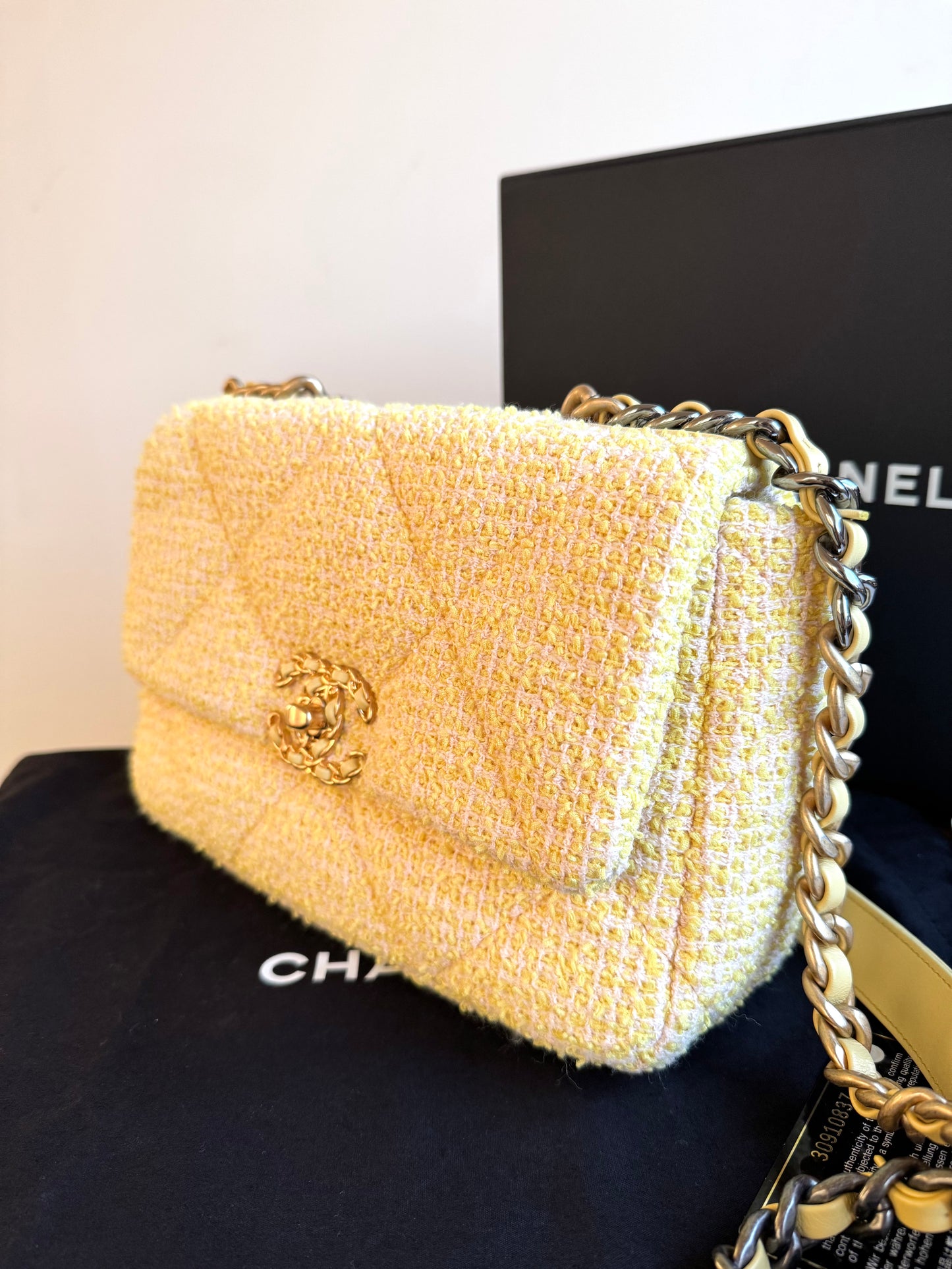 Pre-owned Chanel 19 Small Yellow Tweed Flap Bag