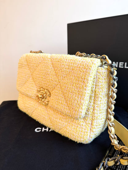 Pre-owned Chanel 19 Small Yellow Tweed Flap Bag