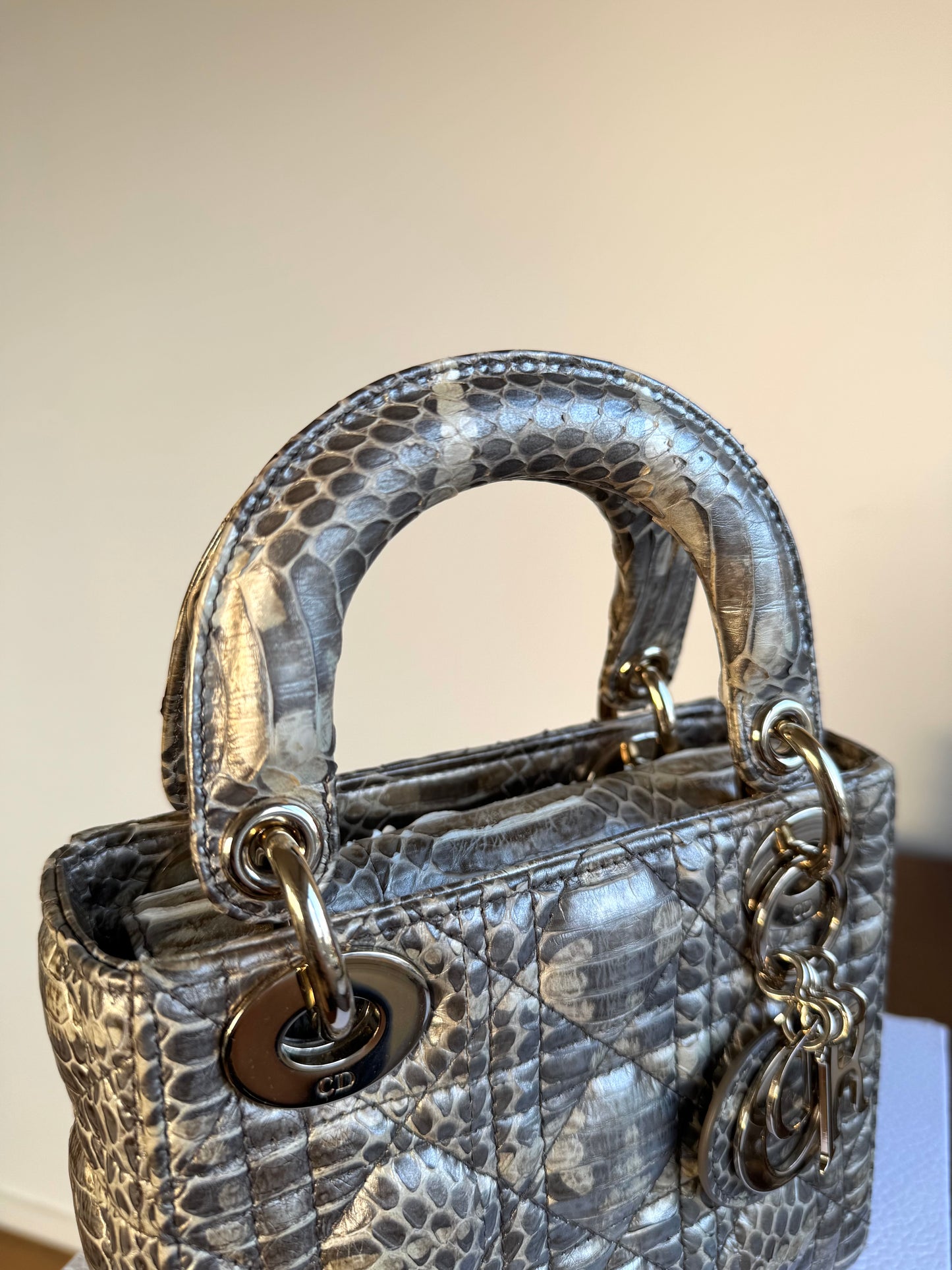 Pre-owned Dior Lady Dior Mini Metallic Grey Beige Python Bag
