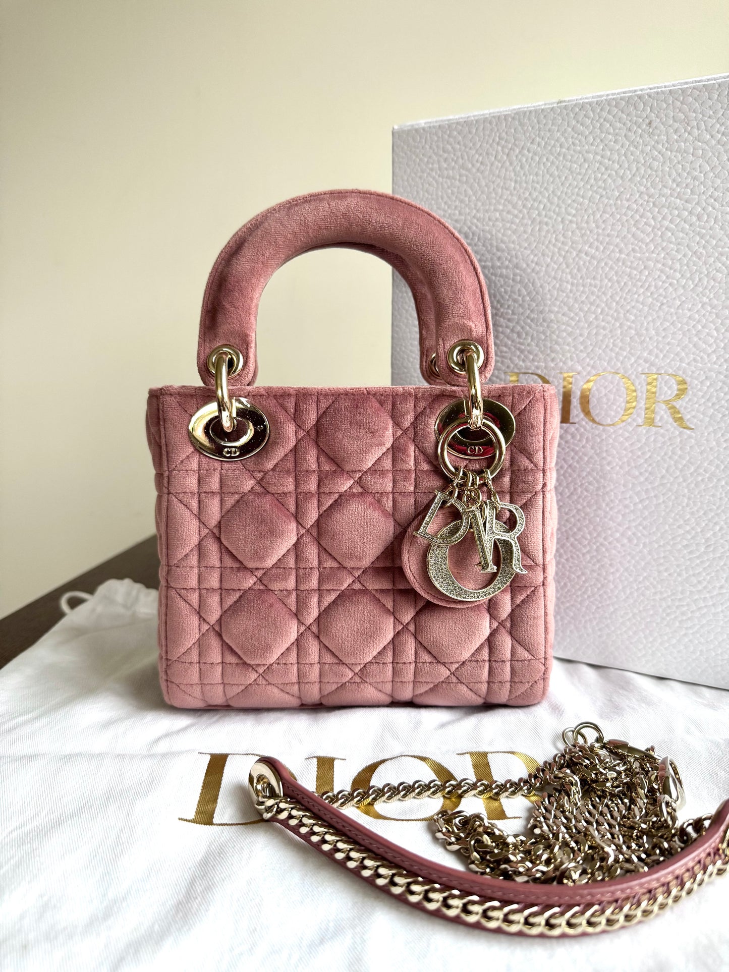 Pre-owned Dior Lady Dior Mini Crystal Dusty Rose Velvet Bag Limited Edition