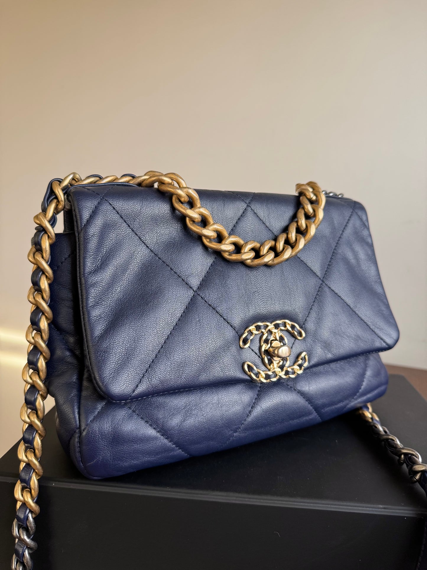 Pre-owned Chanel 19 Small Navy Lambskin Flap Bag